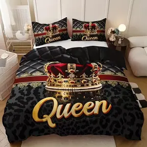3-Piece Crown & King Letter Print Bedding Set (1 Fitted Sheet + 2 Pillowcases), Soft Comfortable Bedroom Decor, Universal Fit, Soft Bedding Sets