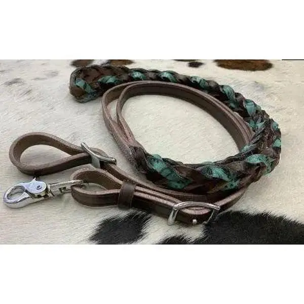 Teal Miracle Braid leather contest/roping rein with buckles