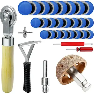 53Pcs Tire Patch Kit Heavy Duty, Tire Repair Tools 42 mm Tungsten Steel Buffing Wheel with 32/42/58mm Tire Patches, Inner Liner Scraper, Tire Patch Roller for Car Motorcycle Bike tractors Grinding