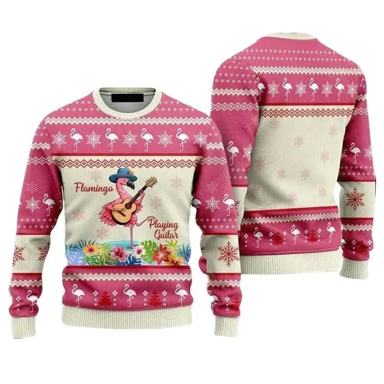 Flamingo Playing Guitar Pink Ugly Christmas Sweater For Men & Women, Perfect Outfit For Christmas New Year Autumn Winter
