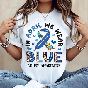 In April We Wear Blue Autism Awareness Ribbon & Puzzle Piece Print T Shirt Casual Round Neck Short Sleeve for Women Top Womenswear