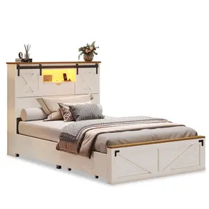 Sikaic Twin XL Bed Frame with 2 Storage Drawers and LED Lights White bed  frame  shopping wood floor bed Rustic Headboard Furniture Upholstered Platform Bedframe