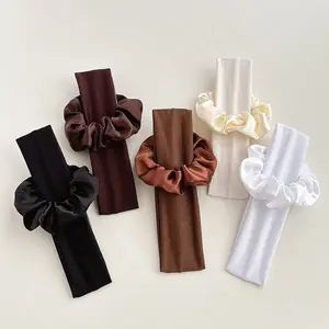 5Pcs 2-in-1 Satin Scrunchie & Stretchy Headband Set - No Crease Hair Accessories, Neutral Tones