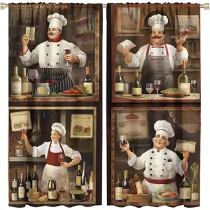 Vintage Chef Kitchen Curtains, Vintage Cartoon Fat Chef Red Wine Gourmet Cooking Stick Pocket Plaid Window Treatments, Bedroom Kitchen Living Room 2 Panels Drapes 42x45in