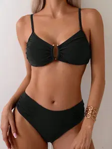 Women's 2-Piece Nylon Bikini - Black, Slim-Fit, Exquisitely Accessorized, Versatile for Beach Vacations, Swimming