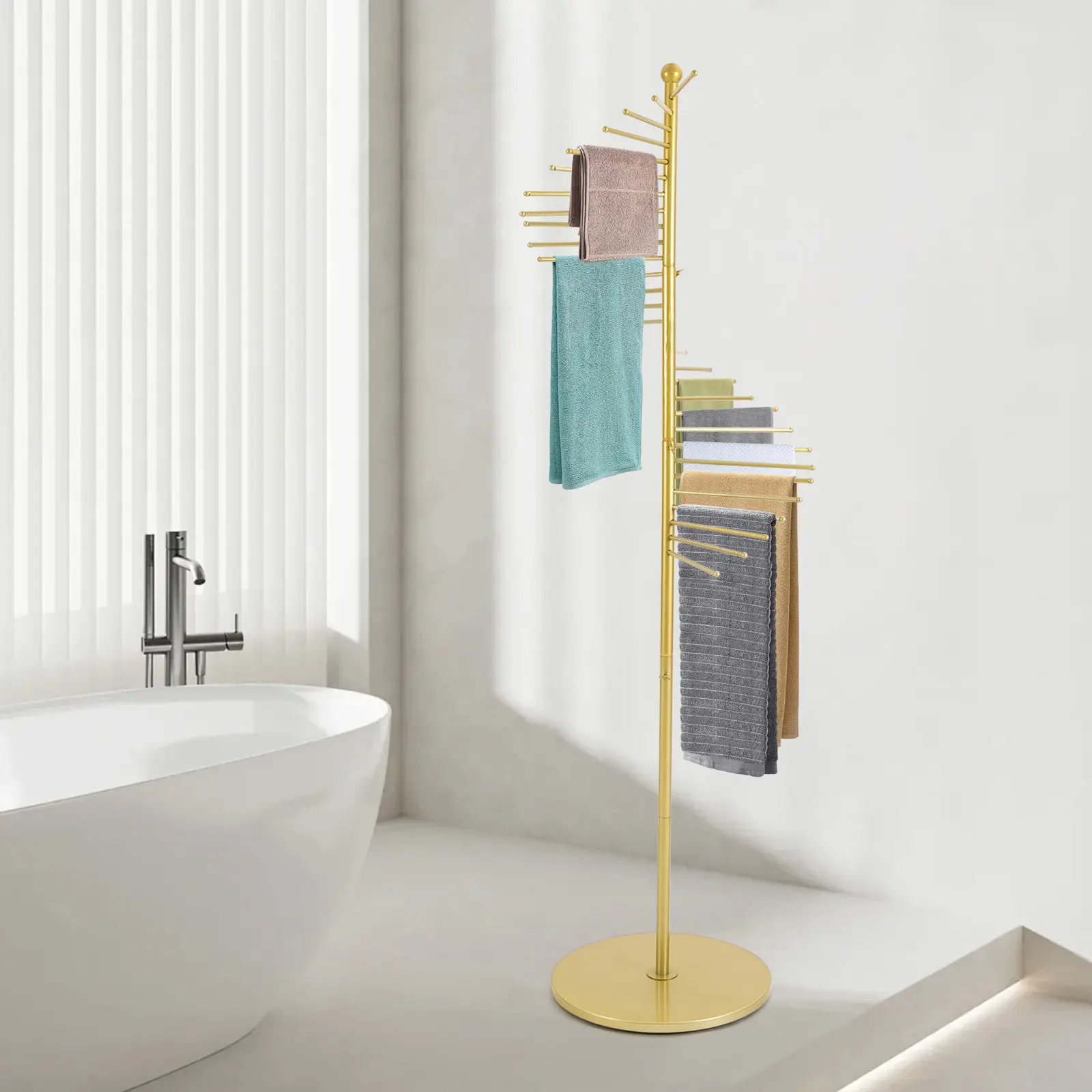 CNCEST Sturdy Modernism Floor-Mount Gold Spiral Multi-Perched Hanging Coat Rack, 5.58ft Height, 16.54in Base, Baking-Paint Iron, Space-Saving Vertical Storage, Easy to Assemble & Clean, Ideal for Scarves, Hats, Jewelry in Apartments, Utility Rooms