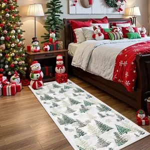 Christmas Velvet Rug with Festive Designs, Washable Long Hallway Runner, Soft Vintage Kitchen Mat, Available in Various Sizes