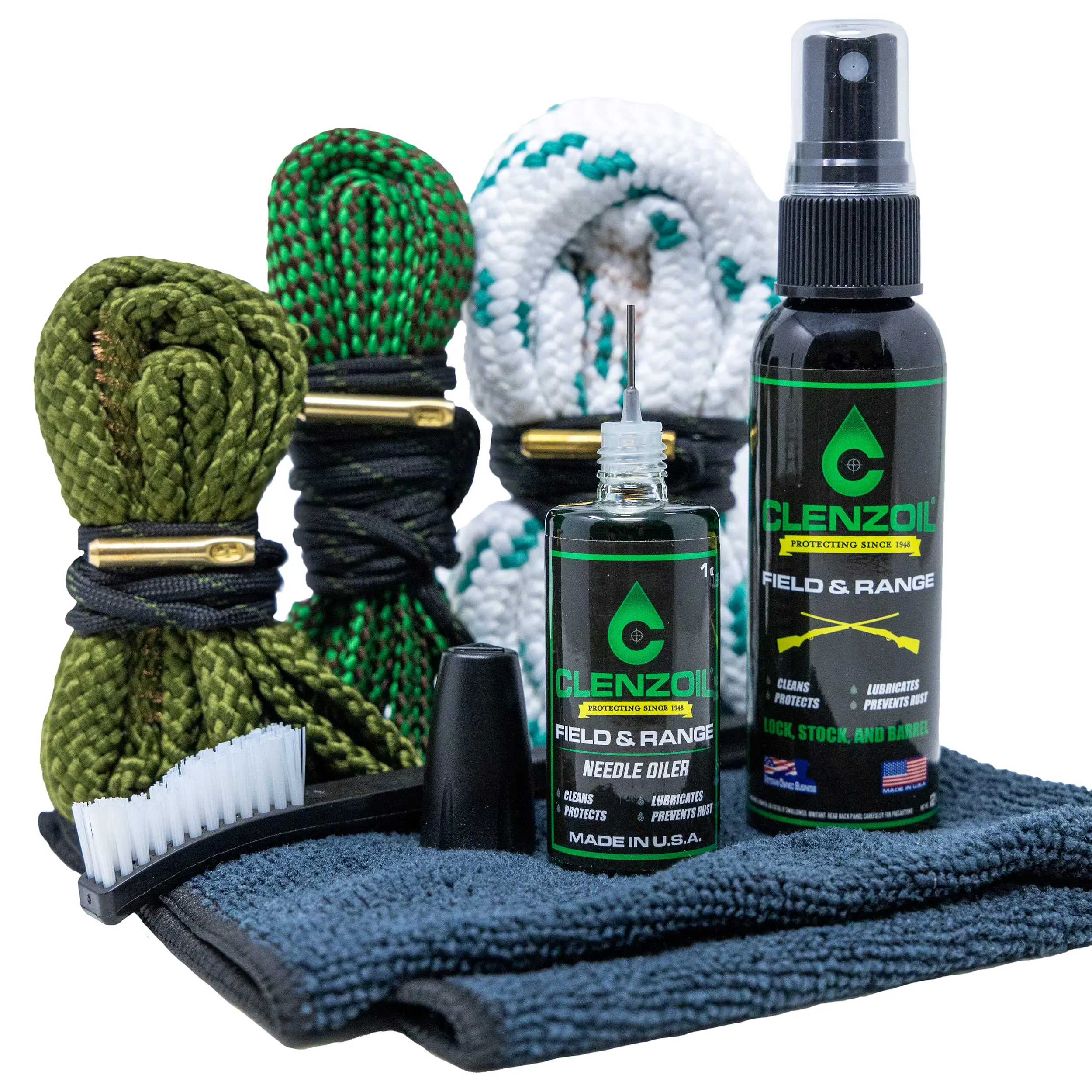 CLENZOIL Cobra 3-Piece Bore Care Kit - American Made, Multi-Size Pull-Through Cleaning System with Bronze Brush, 2 oz Spray, 1 oz Needle Oiler & Microfiber Towel, Multi-Size Set, Carbon Removal, Tube Cleaning, Spray Bottle, Multi-Size Kits