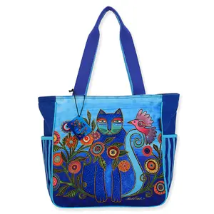 Laurel Burch Cerulean Cat Large Zipper Top Shoulder Tote