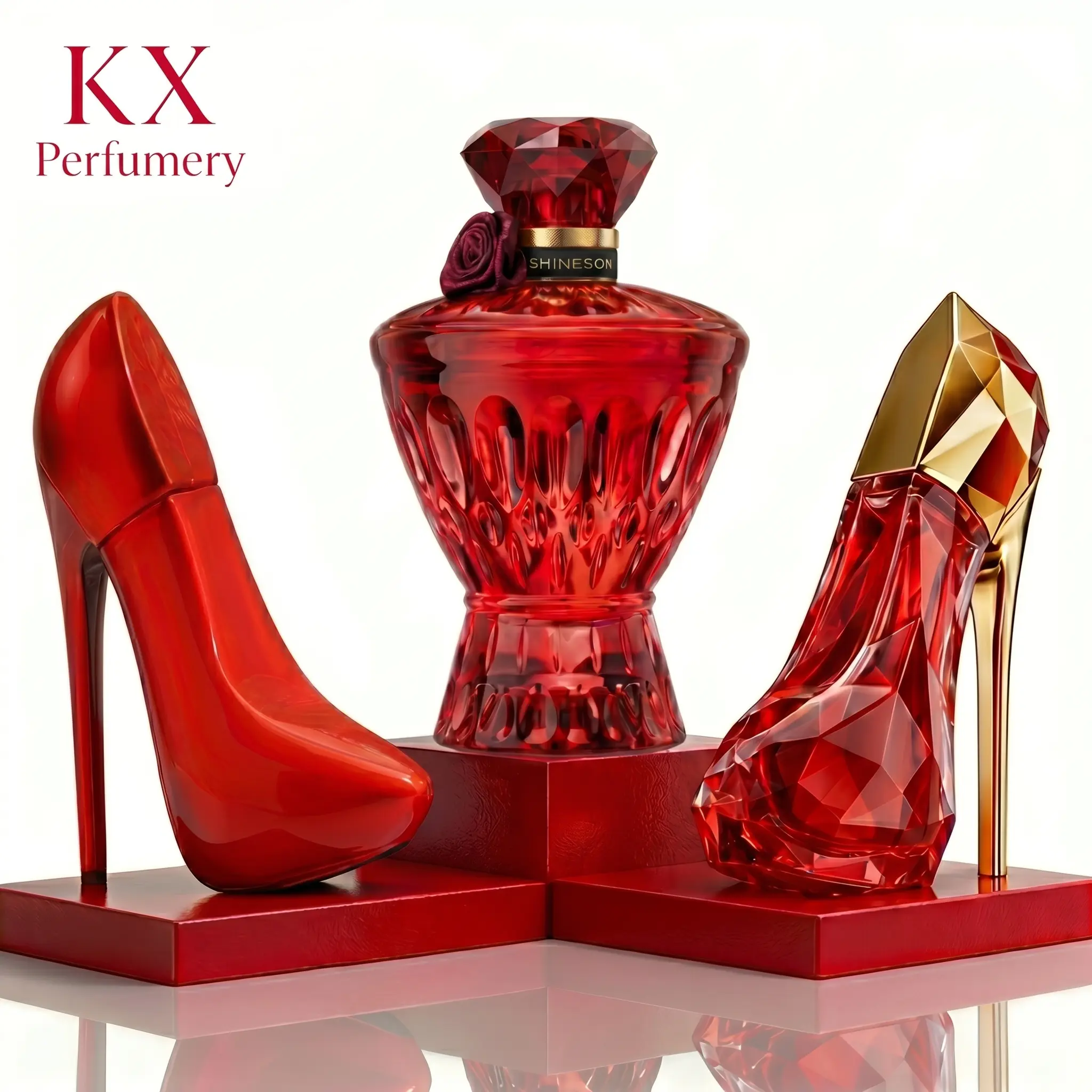 KX Perfumery 3-Piece Ruby Red High Heel Perfume Gift Set for Women | Long Lasting Floral Fruity Oriental Scent | Luxury Red Crystal Bottles, Perfect Valentine’s Day Gift