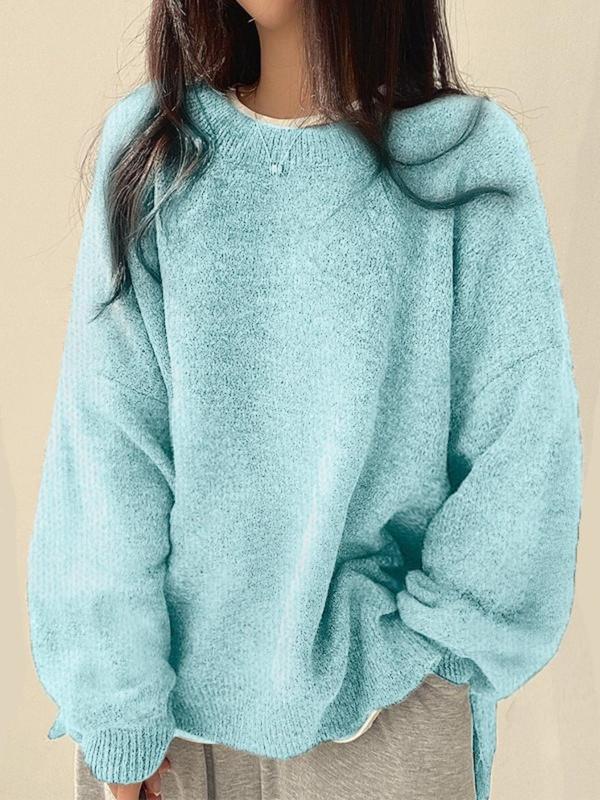 Women's Drop Shoulder Split Hem Sweater, Casual Long Sleeve Round Neck Jumper, Women's Knitwear Top for Fall & Winter, Sweaters for Women