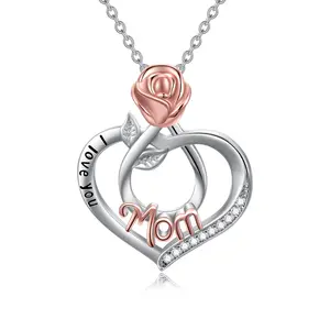 TOUPOP Gifts for Mom Mother's Birthday Gifts Mom Gifts Gifts for Mom Birthday Gifts for Mom Mom Necklace I Love You Mom Necklace 925 Sterling Silver Love Heart Rose Flower Pendant Necklace