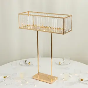 Gold Crystal Pendant Flower Stand, Metal Centerpiece Vase – 32" Tall Rectangular Display Rack