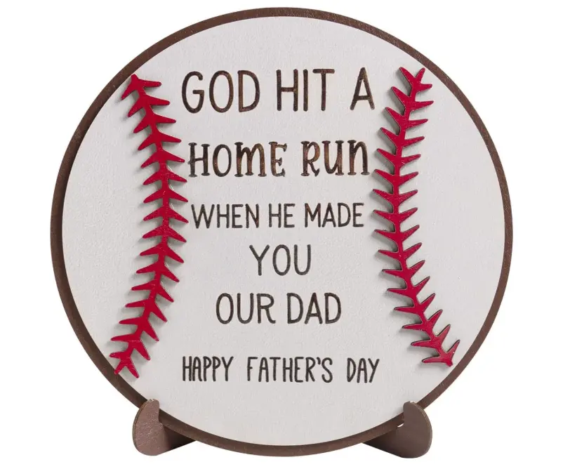 Happy Fathers Day Table Decorations, 8.3 Inch Wooden Dad Sign Baseball Decor, Rustic Papa Plaque Indoor Tabletop Shelf Desk Home Office Bedroom Farmhouse Decor Daddy Birthday Gifts