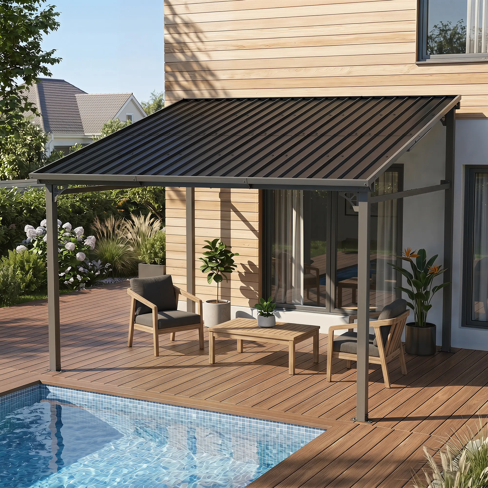Murago-Lean-to Hardtop Gazebo, Patio Lean-to Metal Roof Pergola ,Wall Mounted Lean-to Gazebo, Outdoor Metal Lean-to Awning
