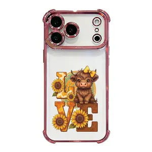 Cute Cow Bow Sunflower LOVE Phone Case for iPhone 17 Pro Max 16 15 Plus 14 13 12 11 Trendy Aesthetic Electroplated Transparent Case Four-Corner Airbag Shockproof Drop-Proof Slim Durable Protective Cover Gift Idea DDSJ260413001