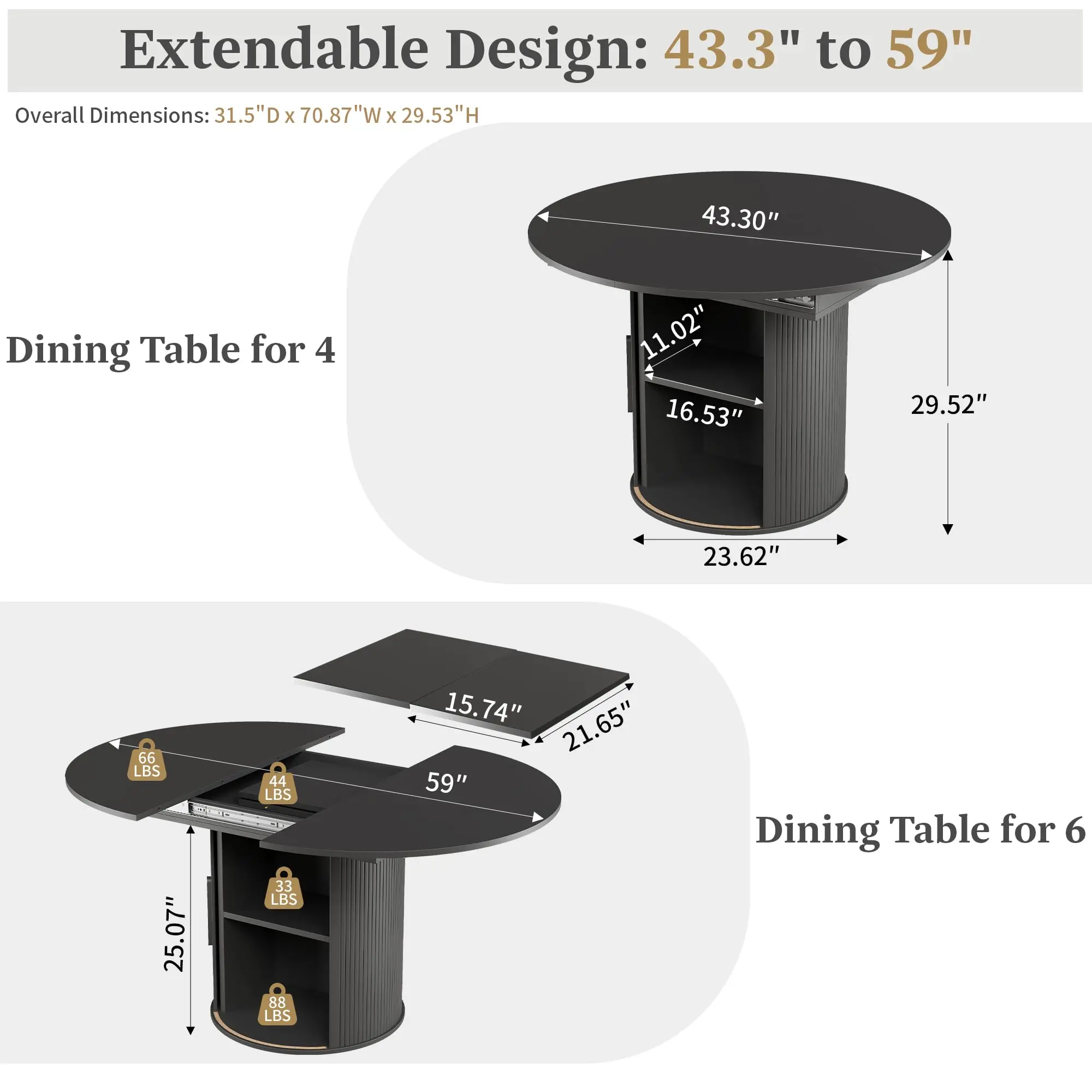 Black 43"-59" Extendable+hidden Storage