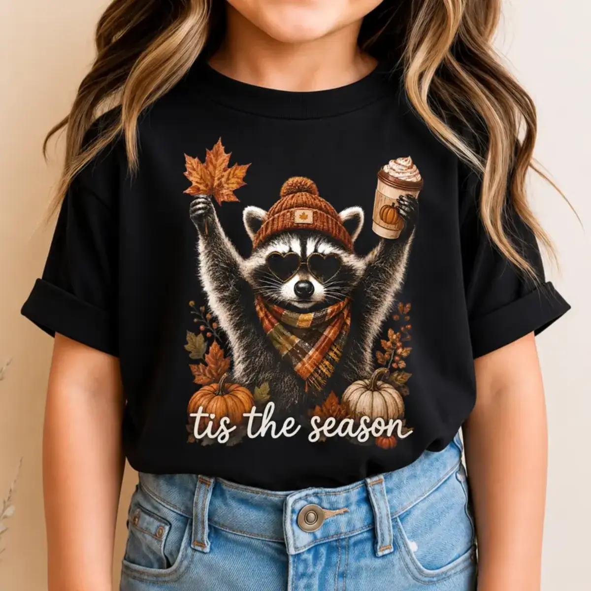 Youth and Adult  Autumn Raccoon Pumpkin Latte Youth Shirt, Tis The Season Raccoon Shirt, Fall Vibes Shirt, Cute Autumn Animal Shirt, Pumpkin Spice Shirt, Youth Fall Shirt