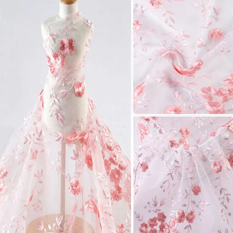 Lace Fabrics, Seaweed Flower Embroidery Lace Fabric, Soft Mesh, Multicolor Floral Tulle Fabric, Fashionable Design for Sewing and Decoration (White)