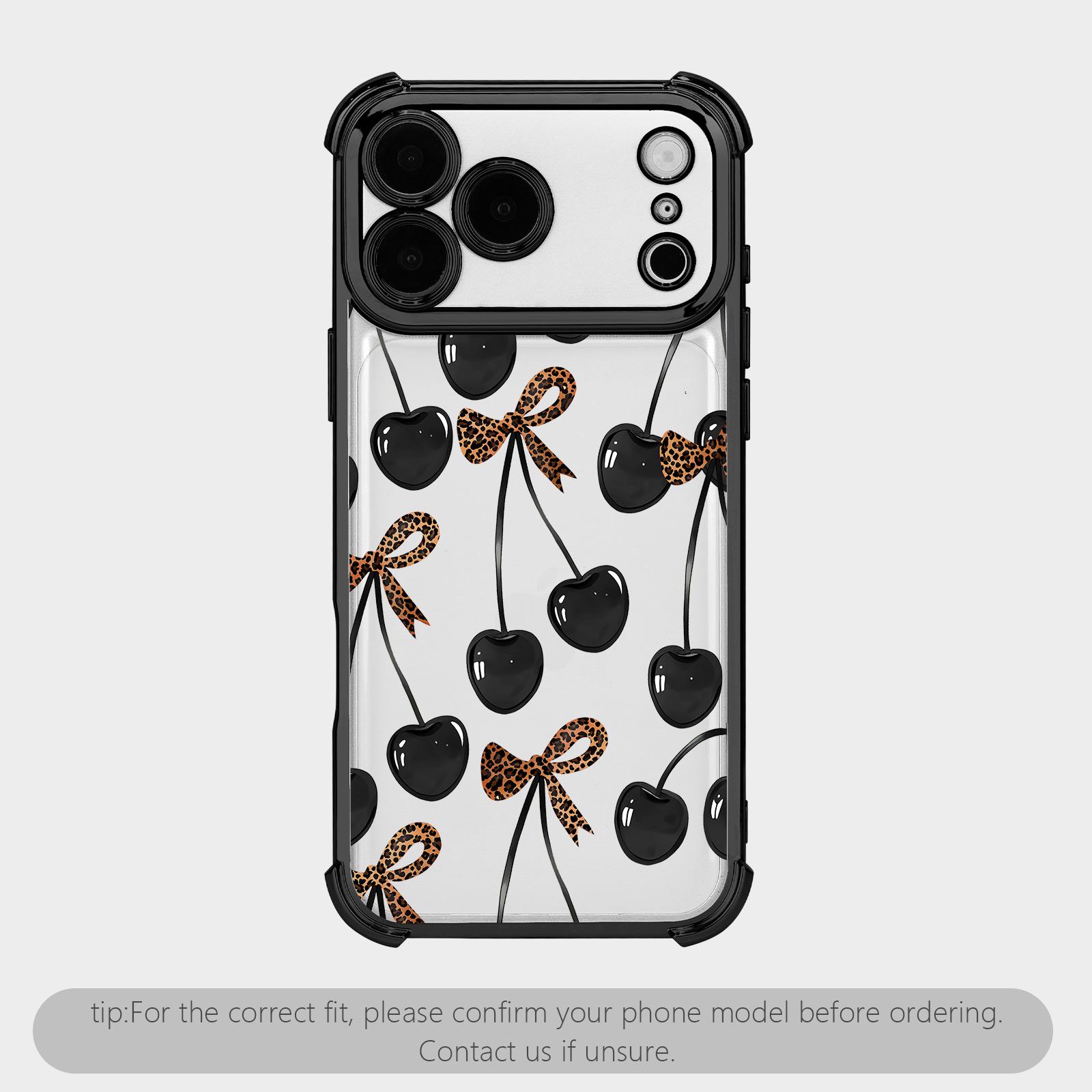 Cherry leopard print bow pattern four-corner shockproof transparent electroplated protective phone casefor iPhone Samsung Galaxy 17 Air 16Pro Max 15 14Plus 13 12 11XR XS S25 S24 S23,Simple and stylish camera Protection DurablePhone Case.HY65