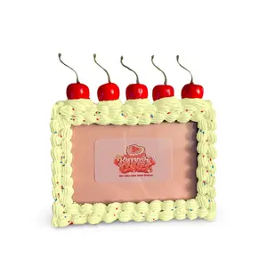 Maximalist Decor Fake Cake Picture Frame with Cherries Yellow 4x6 for Bedroom or Home Office