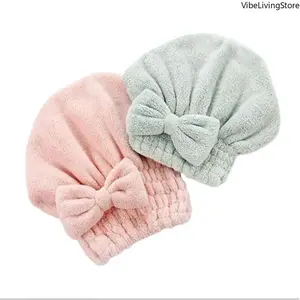 2 Pack Bow Hair Drying Cap for Women Girls, Super Soft Absorbent Microfiber Hair Towel Wrap, Reusable Gentle Anti Frizz Hair Turban, Cute Bathroom Hair Care Essential