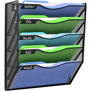 5 Tier Black Hanging Wall File Organizer, Wall Mounted Magazine Holder for Office and Home Use