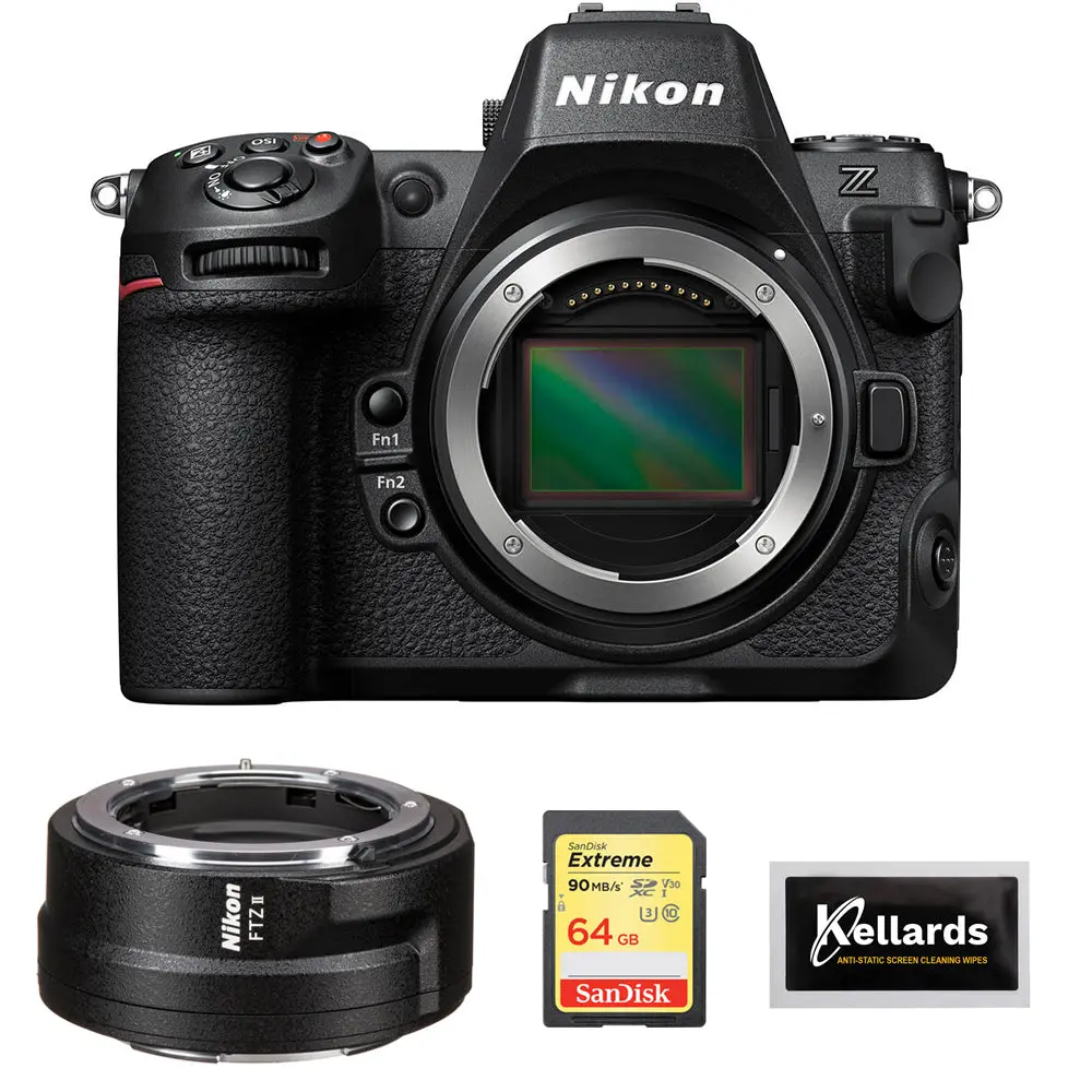 Nikon Z8 Mirrorless Camera (1695) Bundle with Nikon FTZ II Mount Adapter, 64GB Extreme Memory Card, and 5-Pack Wipes