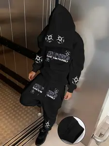 Men's Cool Letter Print Hoodie Set, Casual Daily Wear, Commuting & Leisure, Comfortable Style, Fall&winter Fashion