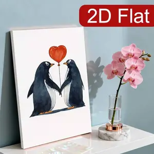 2D Flat Decorative Painting, 1 Piece Watercolor Penguin Couple Holding Heart-Shaped Balloons Wall Decoration - Vintage/Modern Love Theme Wooden Frame, Suitable for Bedroom, Office or Cafe Decoration - Valentine's Day, Anniversary Romantic Gift, Can Be Han