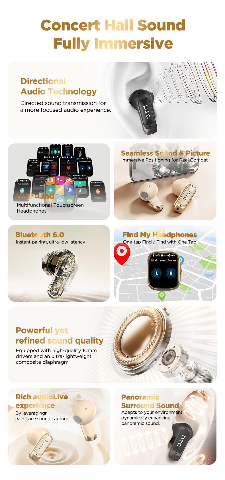 HTC NE72 Wireless Smart Screen Earbuds, Switch Bluetooth Name to Change Earbuds/Speaker Mode, Translation Earbuds, Two Touch Modes: Music Control & TikTok Scroll/Like