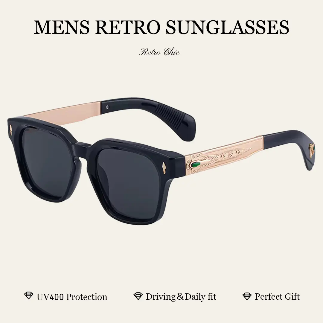 Men's High Quality Stylish Trendy Sunglasses - Black Frame, Hand-Carved Gold Temples & Green Accent | UV400 Protection, Comfortable Fit for Streetwear, Driving & Daily Use