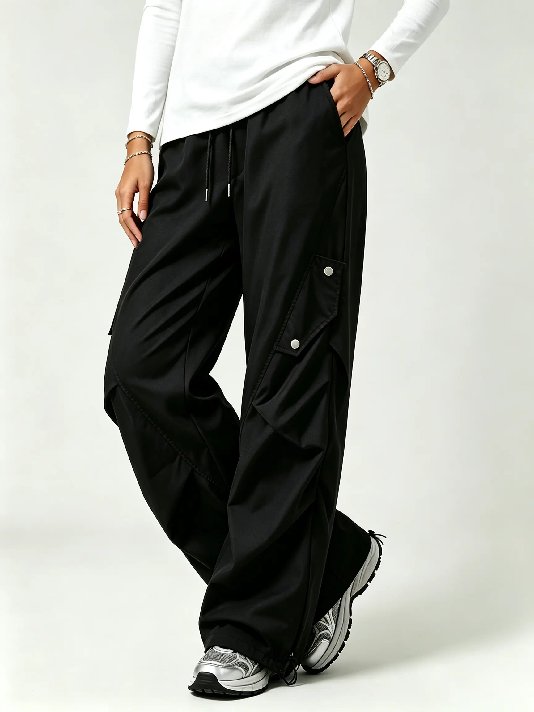 Women’s Woven Fabric Cargo Pants with Elastic Drawstring Waist, Wide-Leg Cut, Snapped Pockets & Streetwear-Inspired Workwear Design – Suitable for Everyday Outings, Commuting