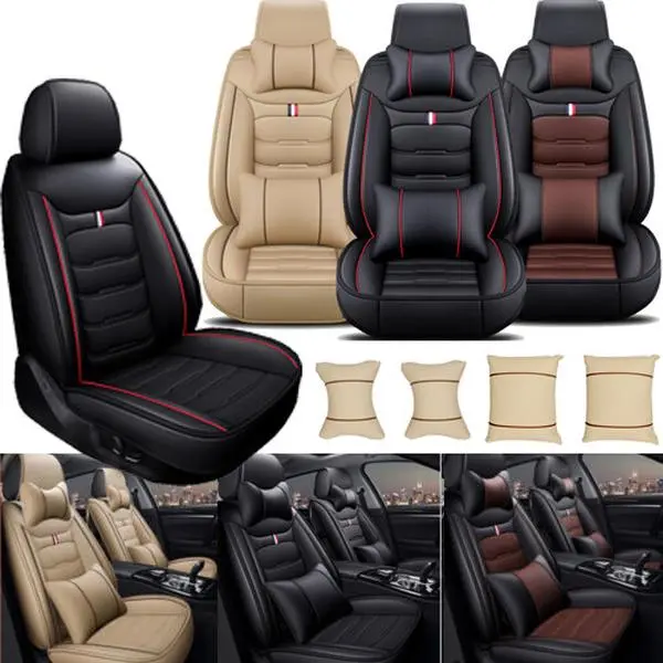 5 Seats Full Set Car Seat Covers Luxury Waterproof Leather Cushion Protectors, 40/60 Split Front and Rear Bench Seat Full Surround Car interior accessories for Women Man  , Universal Fit for Cars Sedans SUVs