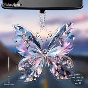 [2D Flat] Crystal Butterfly Acrylic Pendant, Elegant 2D Floral Design, Colorful Gradient Car Mirror and Bag Decoration, Car Interior Decoration
