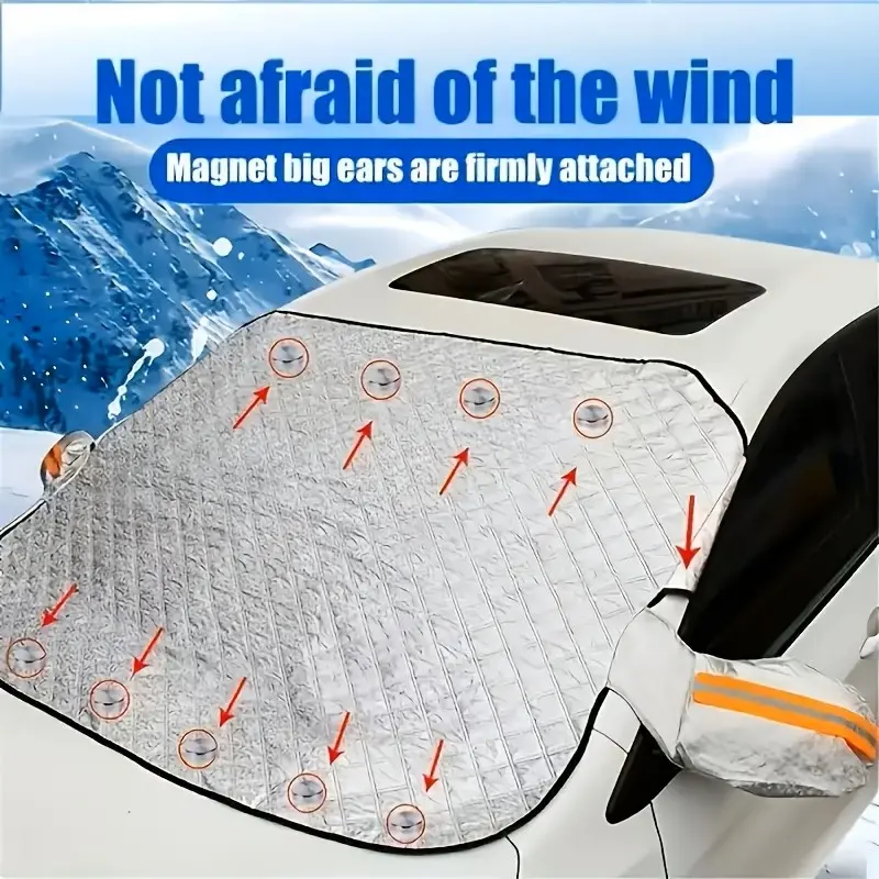 Car Windshield Protective Cover with Magnetic Ears-Elastic Hooks, Snow-Ice-Frost-UV Protection, Waterproof Lightweight Foldable Outdoor Sunshade for Car Outside, Fits Various Vehicle Models for Students
