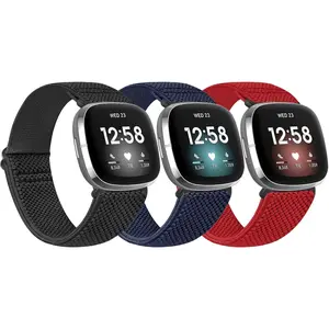 3 Pack Elastic Nylon Watch Bands Compatible with  Versa 4/Versa 3/Sense 2/Sense, Soft Adjustable Breathable Fabric Stretchy Replacement Wristbands for Women and Men