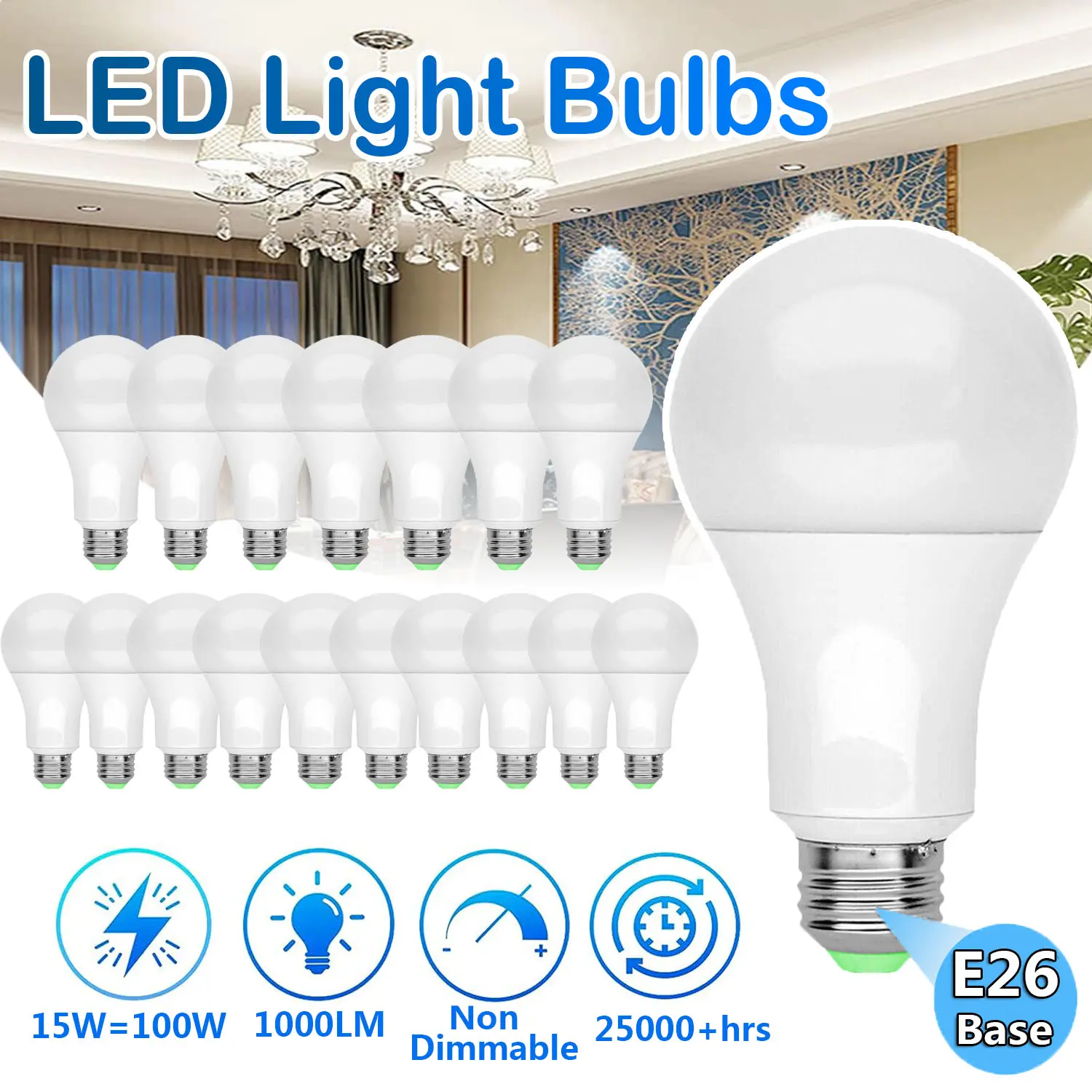15/16 Pack A19 LED Light Bulbs, 100 Watt Equivalent LED Bulbs, Daylight White 6000K, E26/E27 Medium Base, Non-Dimmable, 15W Bright LED Bulbs