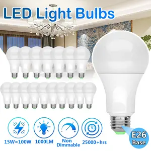 15/16 Pack A19 LED Light Bulbs, 100 Watt Equivalent LED Bulbs, Daylight White 6000K, E26/E27 Medium Base, Non-Dimmable, 15W Bright LED Bulbs