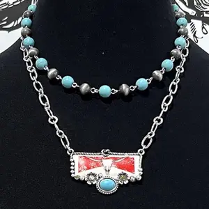 Western Steer Skull Layered Necklace with Turquoise Accents, Featuring Silver Chain, and Silver Detail Design