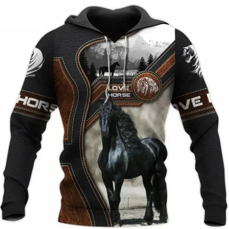 Menswear Horse Animal Hoodie, Brown 3D Printed Harajuku Fashion Autumn Pullover, Long Sleeve Casual Tops, Horse Lover Neutral Clothes Sweatshirt, Polyester, Longsleeves, Digital Print, Animal Theme, Name Customizable, Casual Fit, Chinese Sizes, 2Xl, 3Xl,,