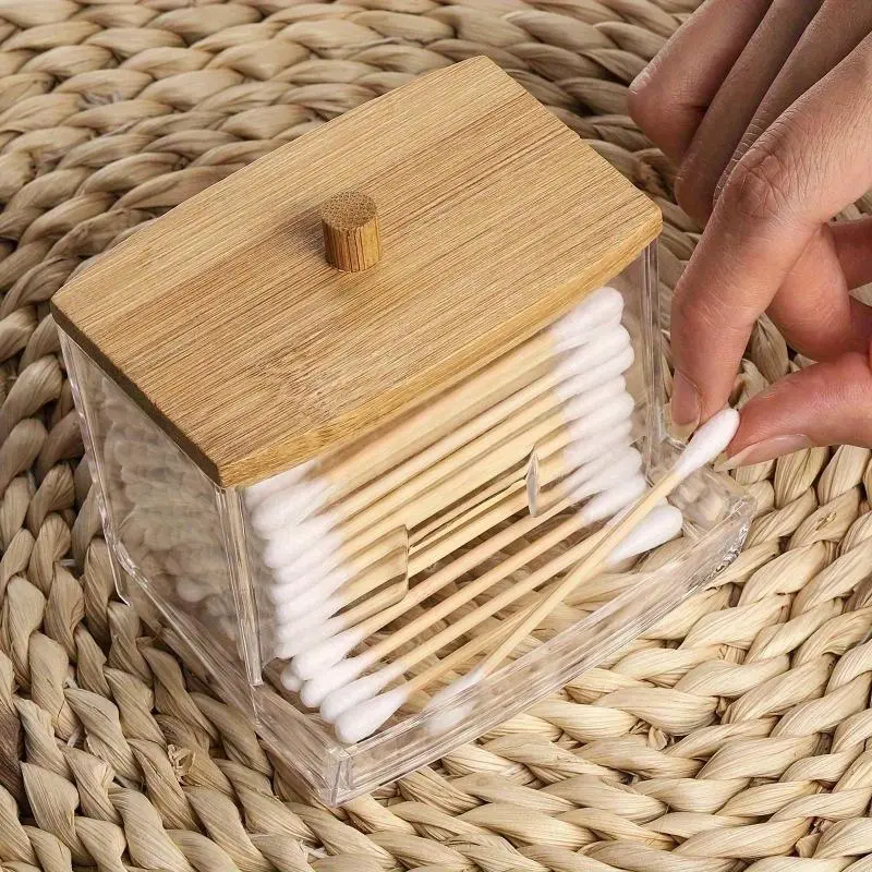 Clear Acrylic Cotton Swab Organizer with Bamboo Lid, Lightweight Portable Storage Container, Versatile Makeup Storage Holder for Bathroom Counter, Bedroom and Dormitory