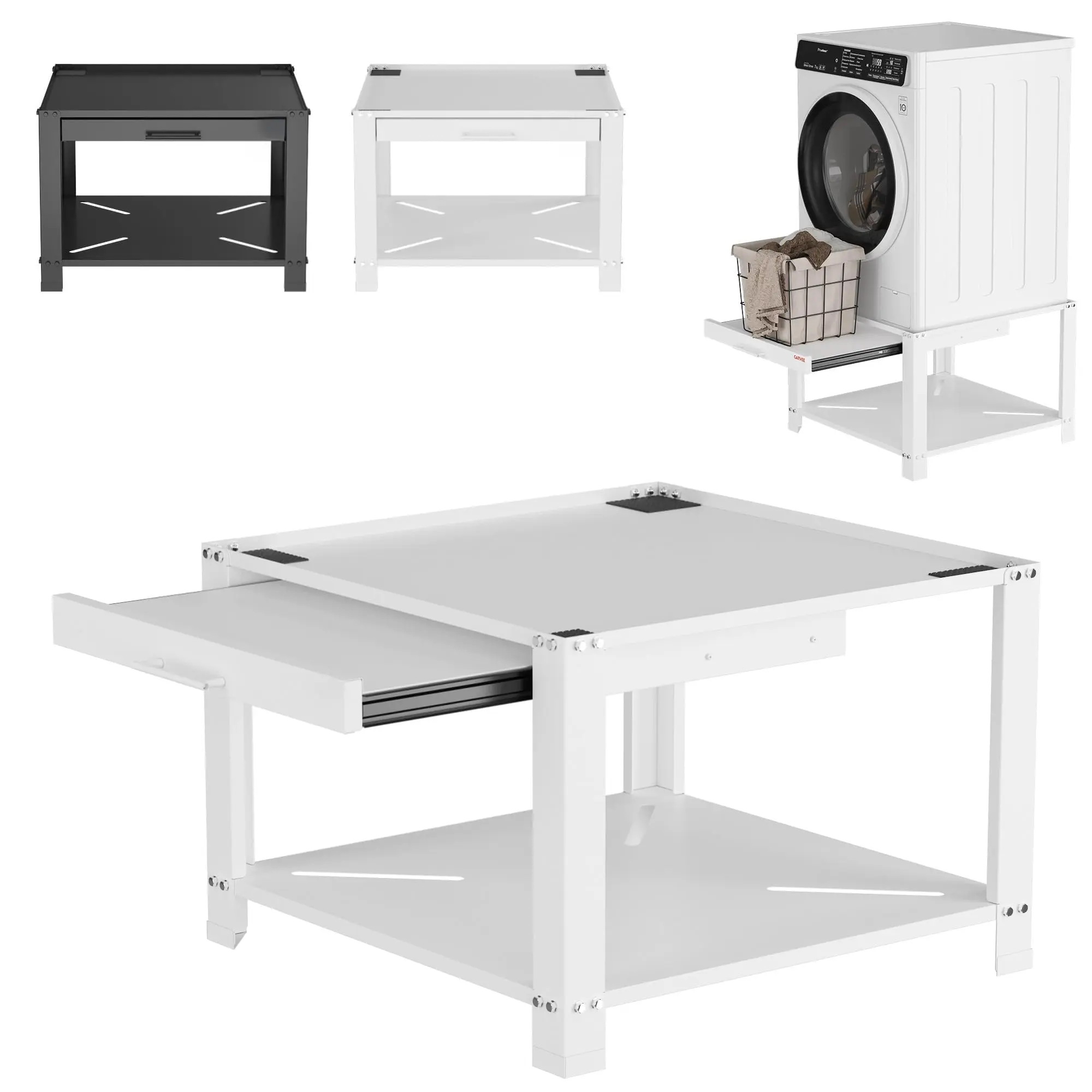 Heavy-duty metal stand for washing machine and dryer with removable basket, compatible with standard models, adjustable anti-vibration pads, 363 kg capacity, storage base, white, 74x74x51 cm