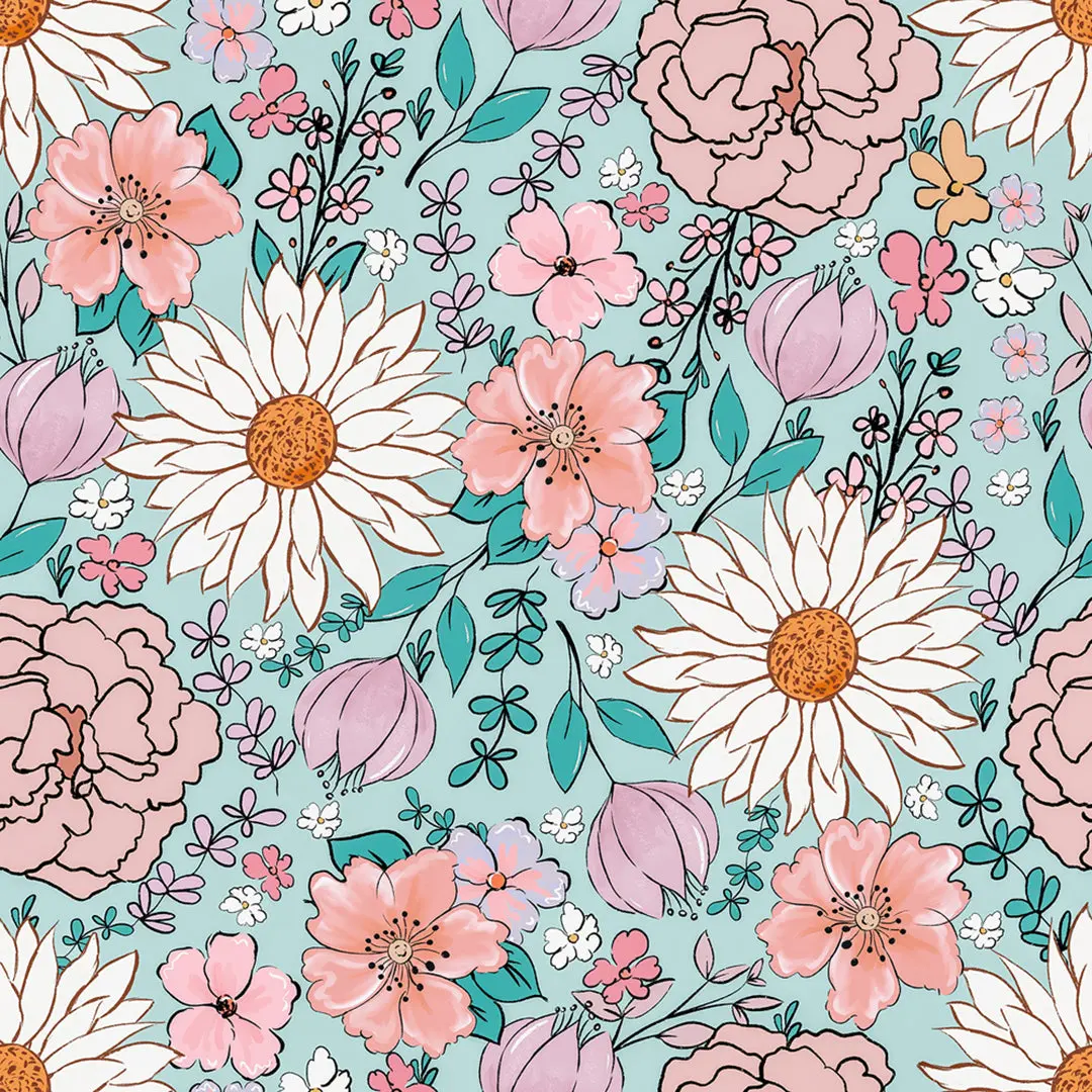 Coming up Daisies Pink Aqua – 100% Quilting Cotton Fabric by the Yard