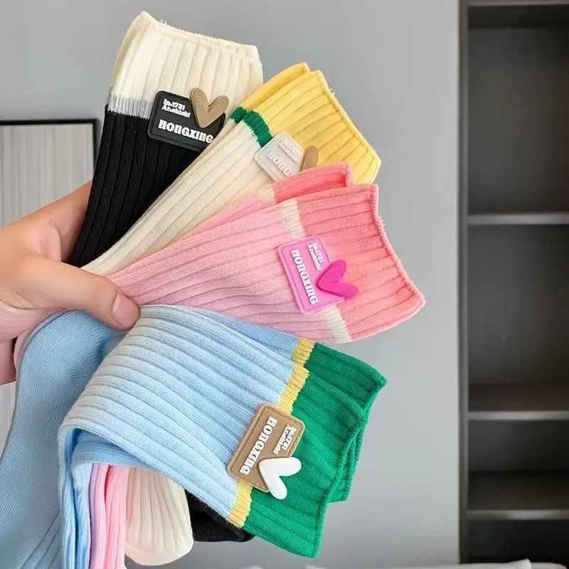 Women's 8-Pair Bulk Cute Dopamine Color Block Mixed Color Crew Socks, Mid-Calf Length, Lightweight Breathable Fabric, Binding Edge, Summer Niche Everyday Wear Socks, Mixed Color Socks