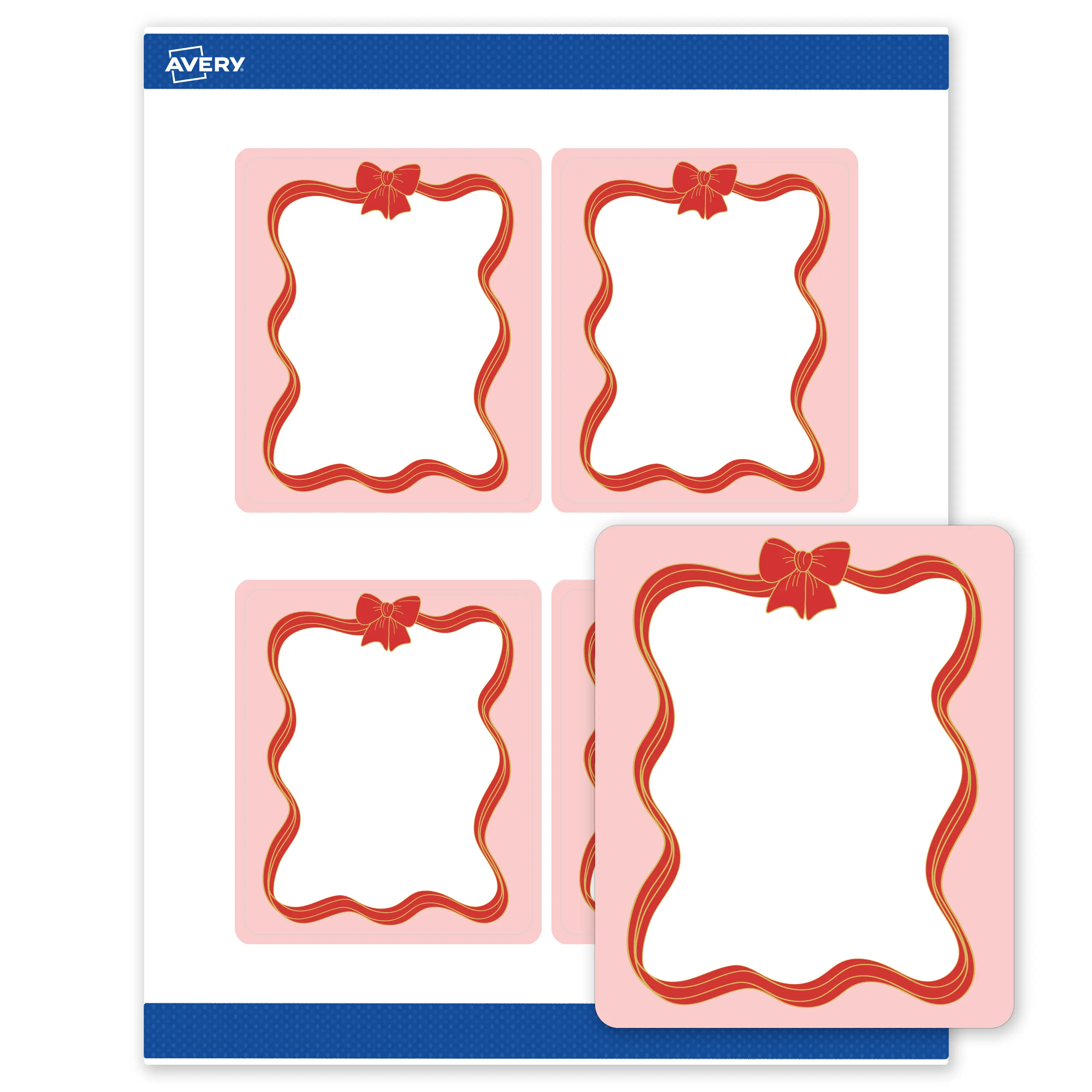 Avery® Printable Christmas Labels with Sure Feed® Technology, Rectangle, 4" x 3-1/3", Pre-Printed Pink Border with Red & Gold Bow Design, Matte White, Laser & Inkjet Compatible, 40 Total