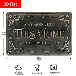 2D Flat, 1pc "May God Bless This Home" Metal Wall Sign - 8x12 Inch Religious Tin Decor with Ornate Floral Patterns, Classic Inspirational Wall Art for Living Room, Hallway, Entryway - Easy to Hang, No Batteries Needed, Inspirational Wall Decor, Hallway De