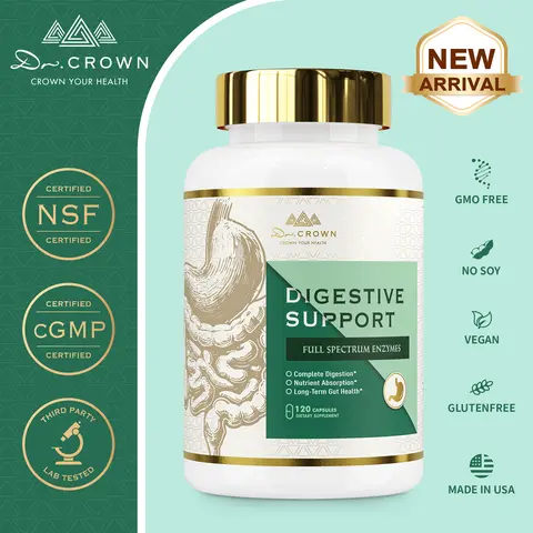 Dr. CROWN Digestive Enzymes Dietary Supplement for Men & Women - 15-Enzyme Blend, DGL, Slippery Elm, Bloating & Gas Relief, Food Intolerance Support, 120 Capsules (Digestive Wellness Supplement)