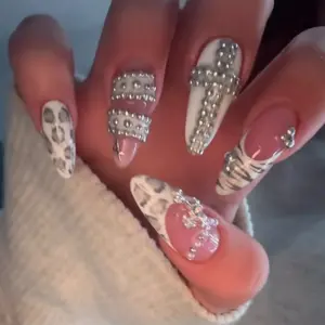 Y2K Icy Silver Cross Press On Nails | White Leopard Print, Zebra French Tip, Rhinestone Chrome Charms, Glam Goth Almond Gel Nails, Luxury Bling Fake Nails