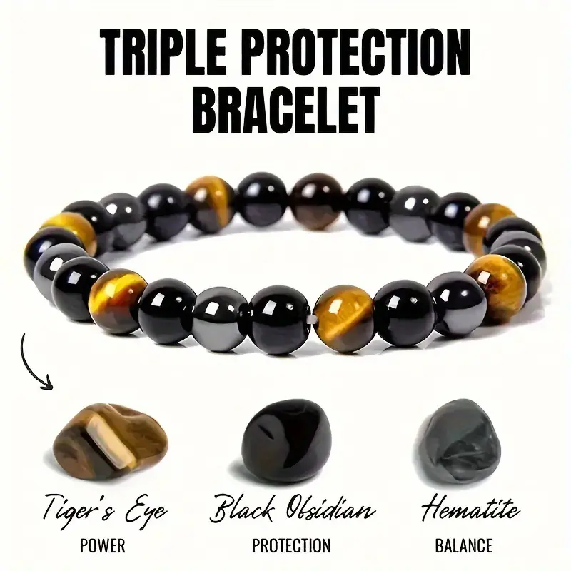Unisex Beaded Bracelet with Black Obsidian & Tiger Eye, 8mm Stretch Stone Beads for Daily Courage, Focus & Grounding